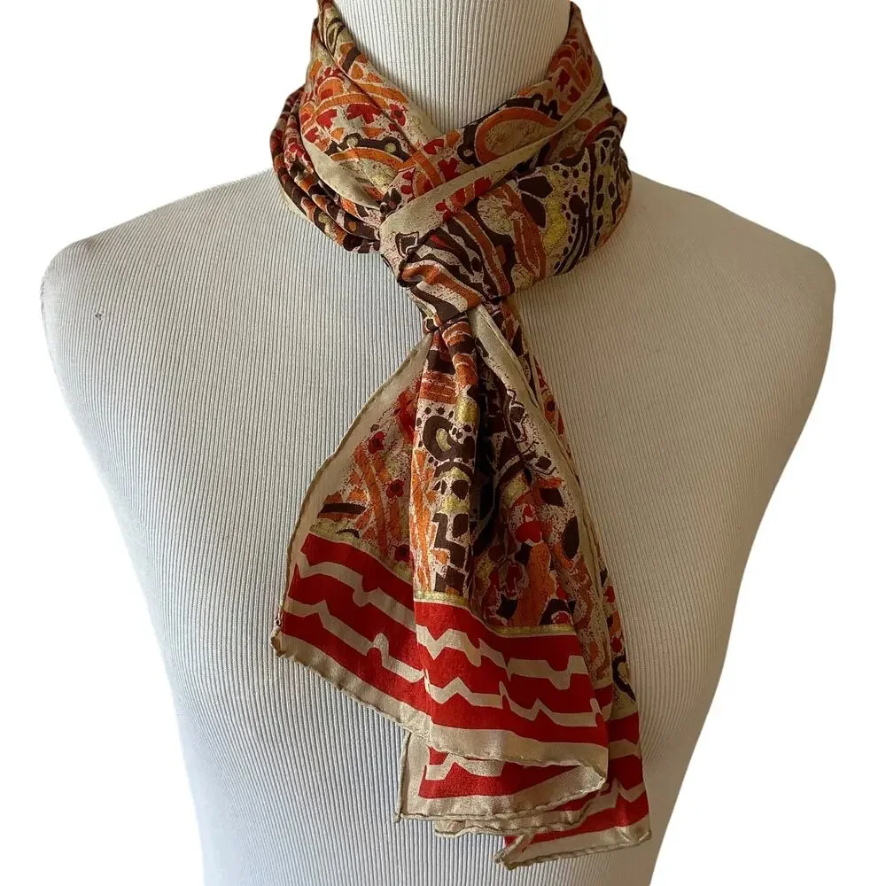 Evan Picone Vintage Paisley Silk Scarf Cream Red Orange Rectangle Lightweight